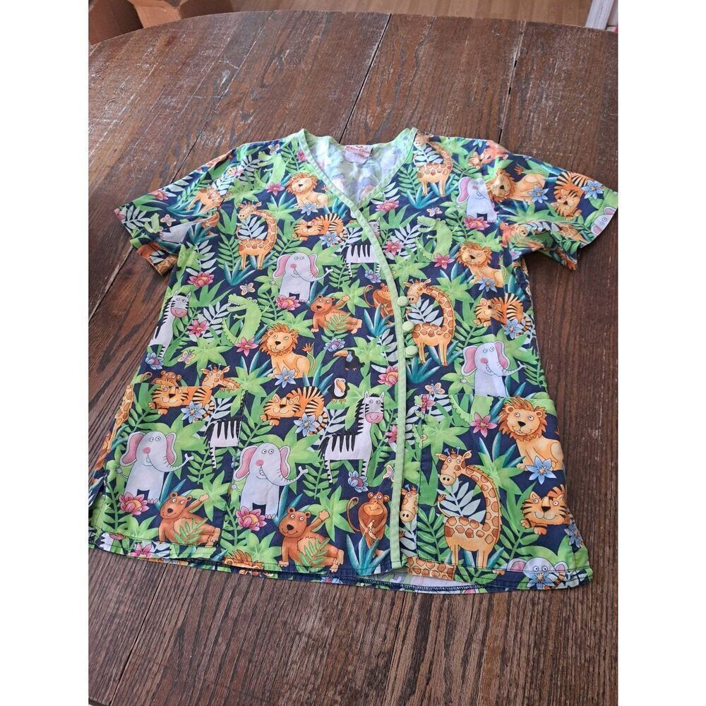 Medium White Cross Faux Wrap Jungle Animals Short Sleeve VNeck Scrub Top Shirt